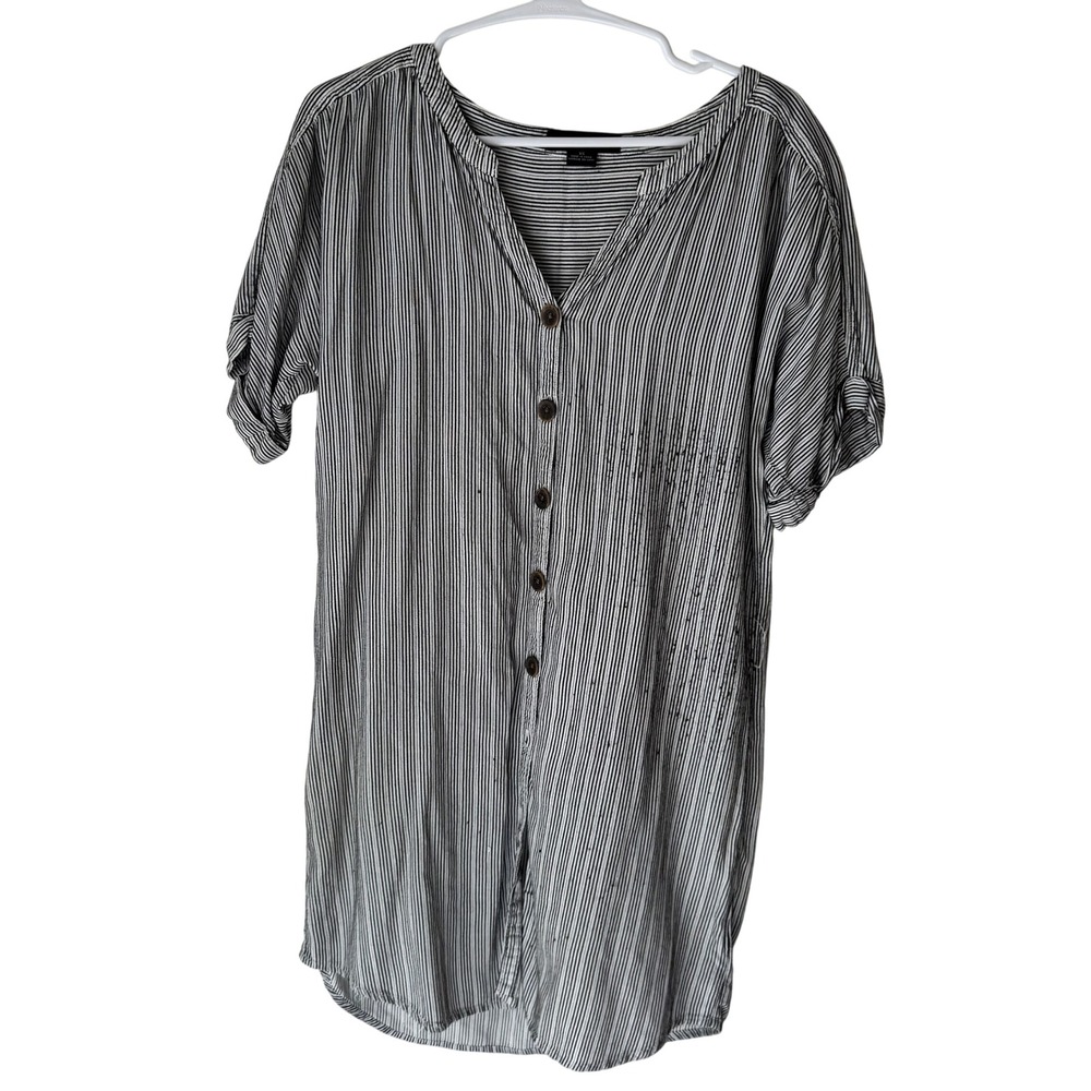 Sanctuary Womens Striped‎ Button Front Tunic Top Black White Short Sleeve XS